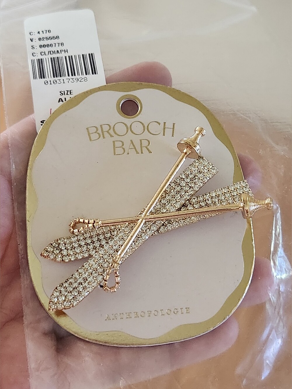 Anthropologie Rhinestone Skis Sports Icon Pin Brooch 14k Gold Plated